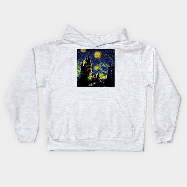 Starry Night Wizarding School Van Gogh Kids Hoodie by Grassroots Green